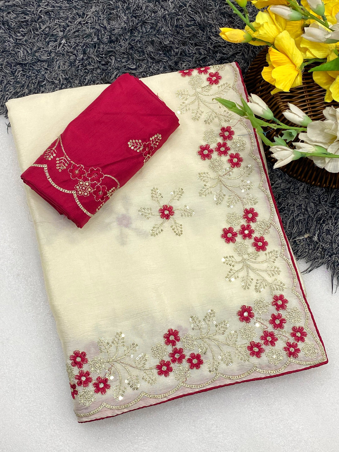 Wedding Wear Peach Embroidered Saree with Designer Blouse Piece-OFF WHITE