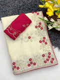 Wedding Wear Peach Embroidered Saree with Designer Blouse Piece-OFF WHITE