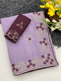 Wedding Wear Peach Embroidered Saree with Designer Blouse Piece-PURPLE