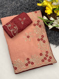 Wedding Wear Peach Embroidered Saree with Designer Blouse Piece-PEACH