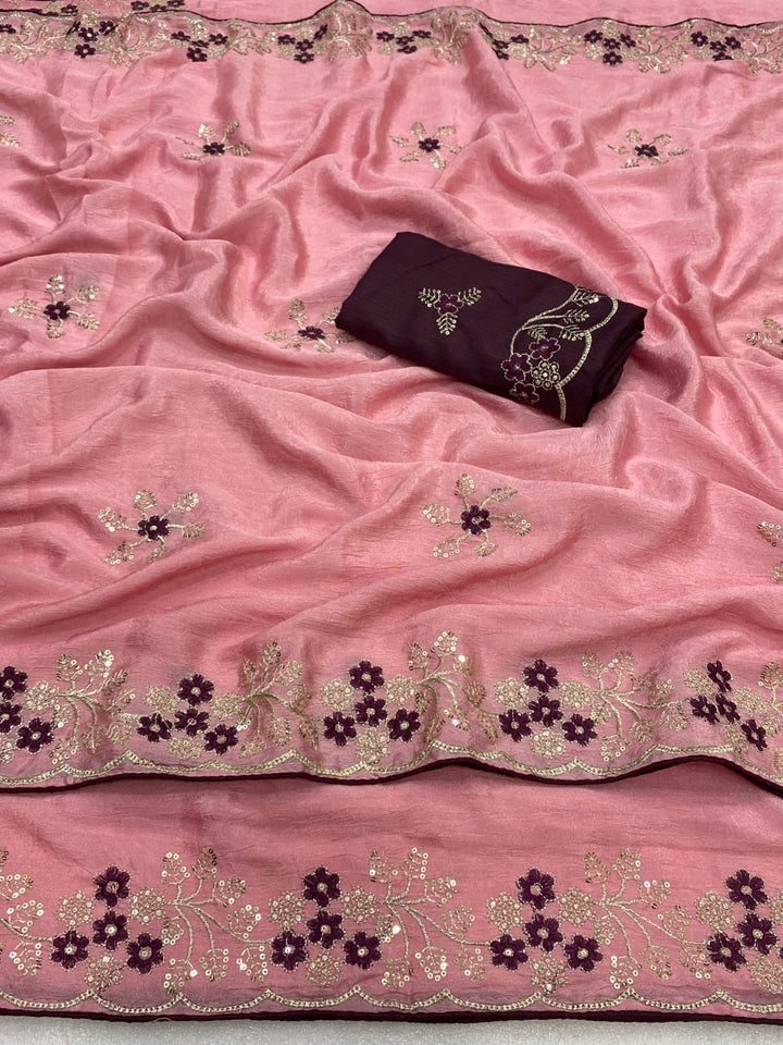 Wedding Wear Peach Embroidered Saree with Designer Blouse Piece-PINK
