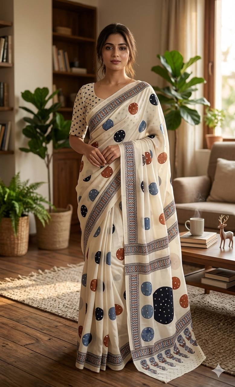 Premium Soft Gajji Silk Ajrakh Print Saree with Real Mirror Work &amp; Tassels