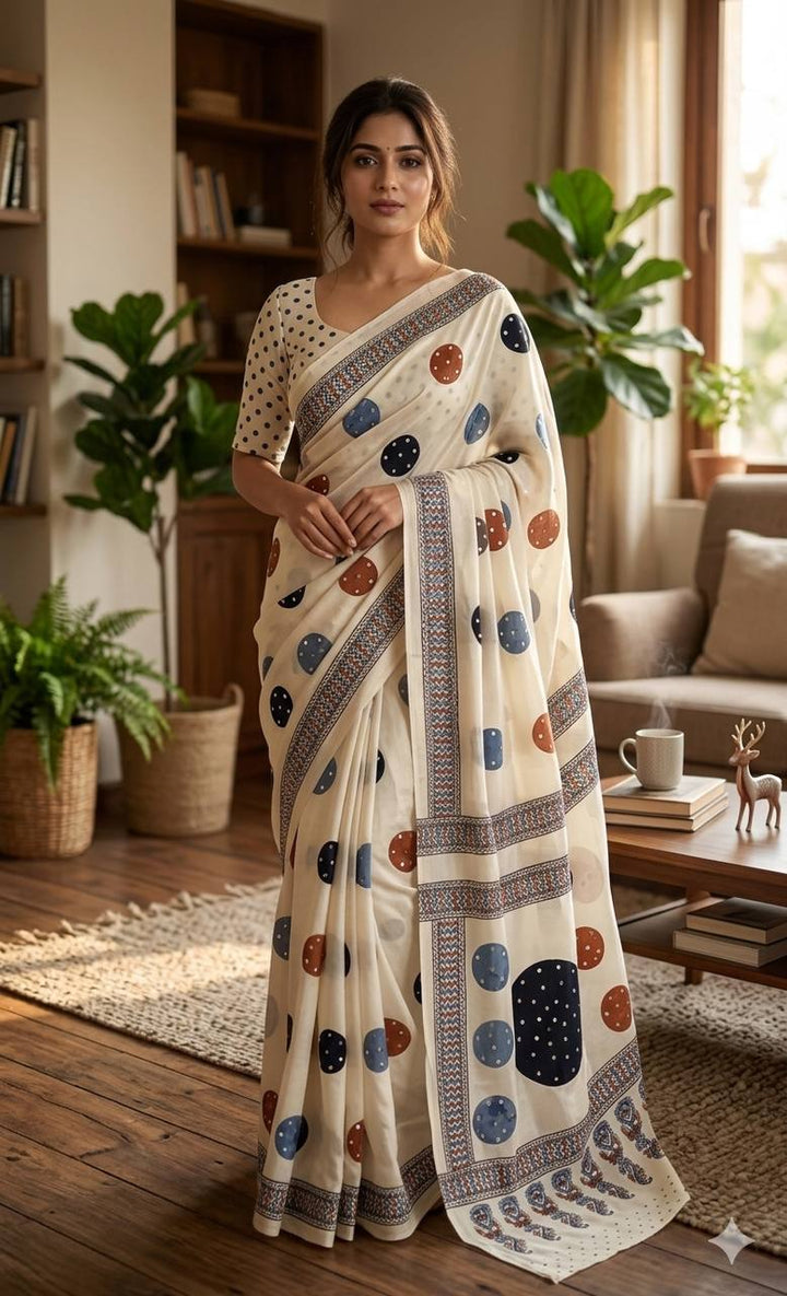 Premium Soft Gajji Silk Ajrakh Print Saree with Real Mirror Work &amp; Tassels