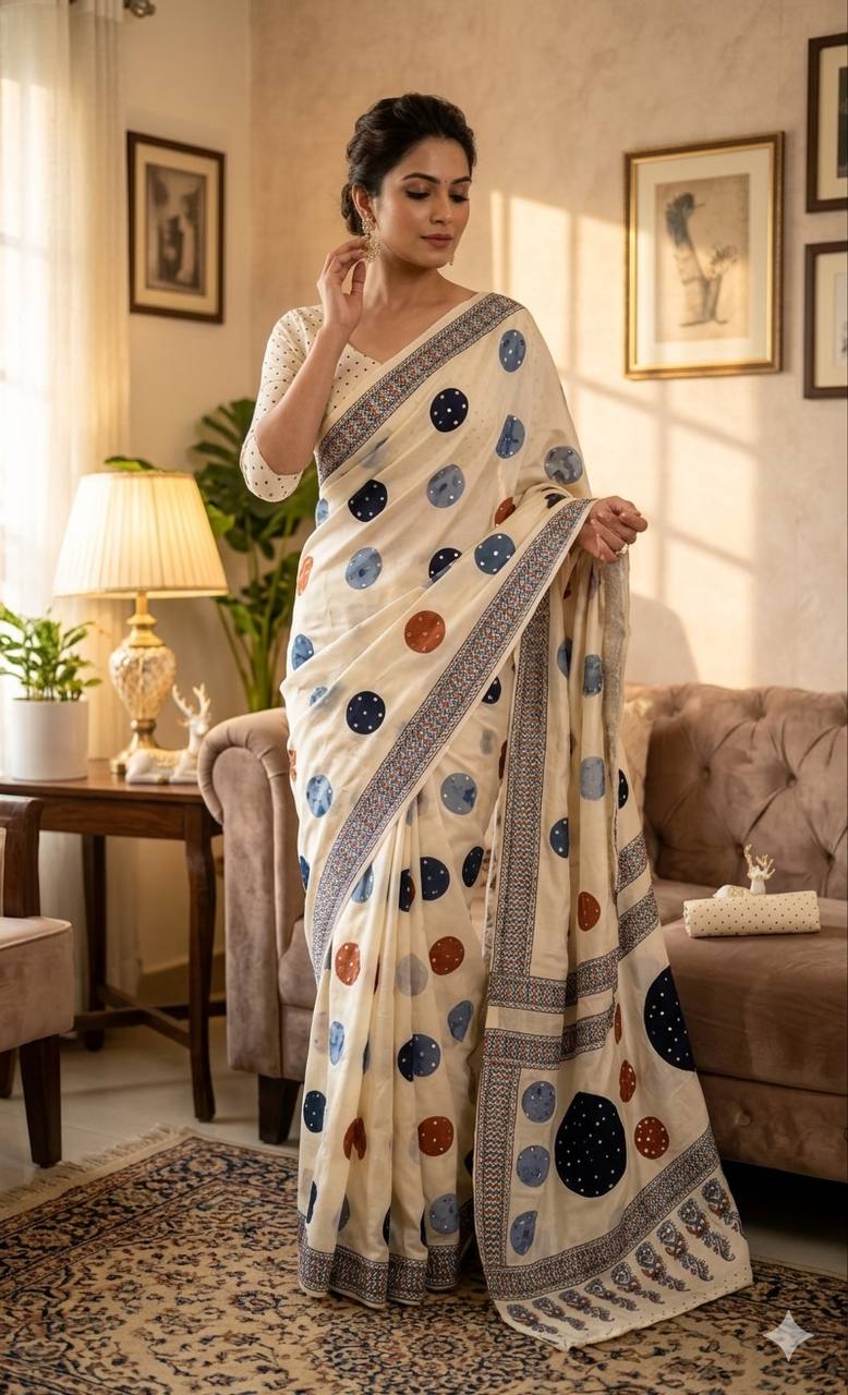 Premium Soft Gajji Silk Ajrakh Print Saree with Real Mirror Work &amp; Tassels