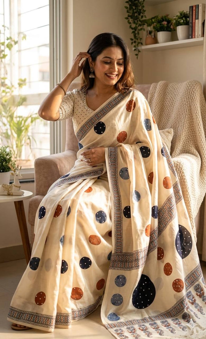 Premium Soft Gajji Silk Ajrakh Print Saree with Real Mirror Work &amp; Tassels