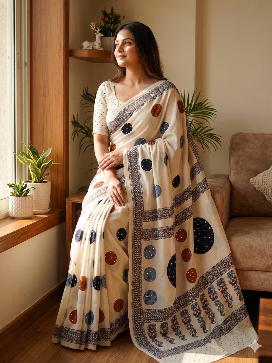 Premium Soft Gajji Silk Ajrakh Print Saree with Real Mirror Work &amp; Tassels