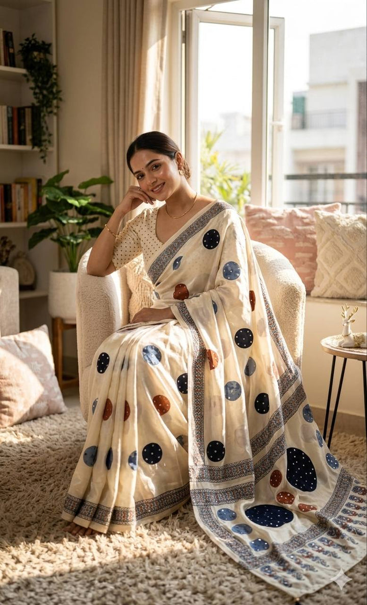Premium Soft Gajji Silk Ajrakh Print Saree with Real Mirror Work &amp; Tassels