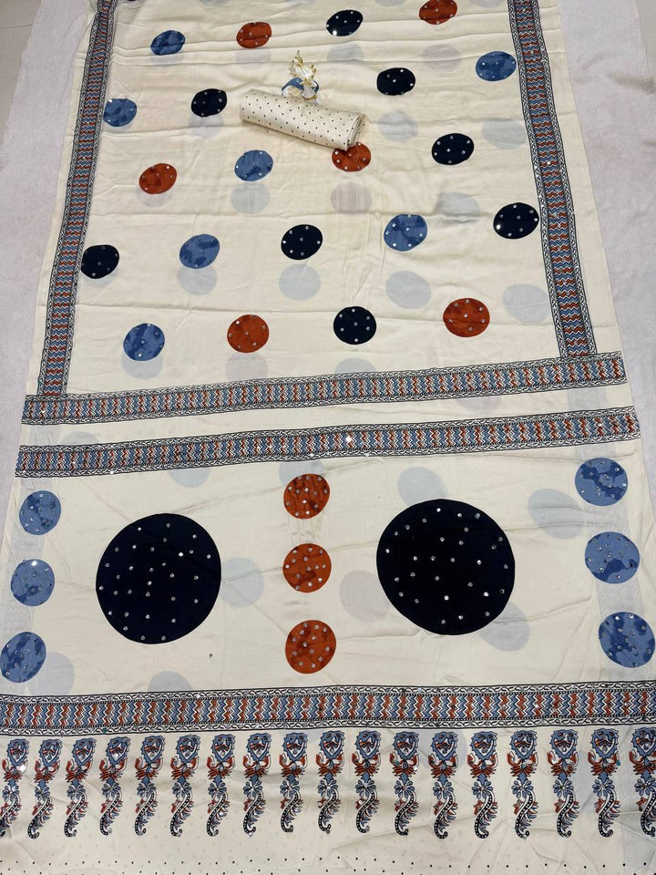 Premium Soft Gajji Silk Ajrakh Print Saree with Real Mirror Work &amp; Tassels