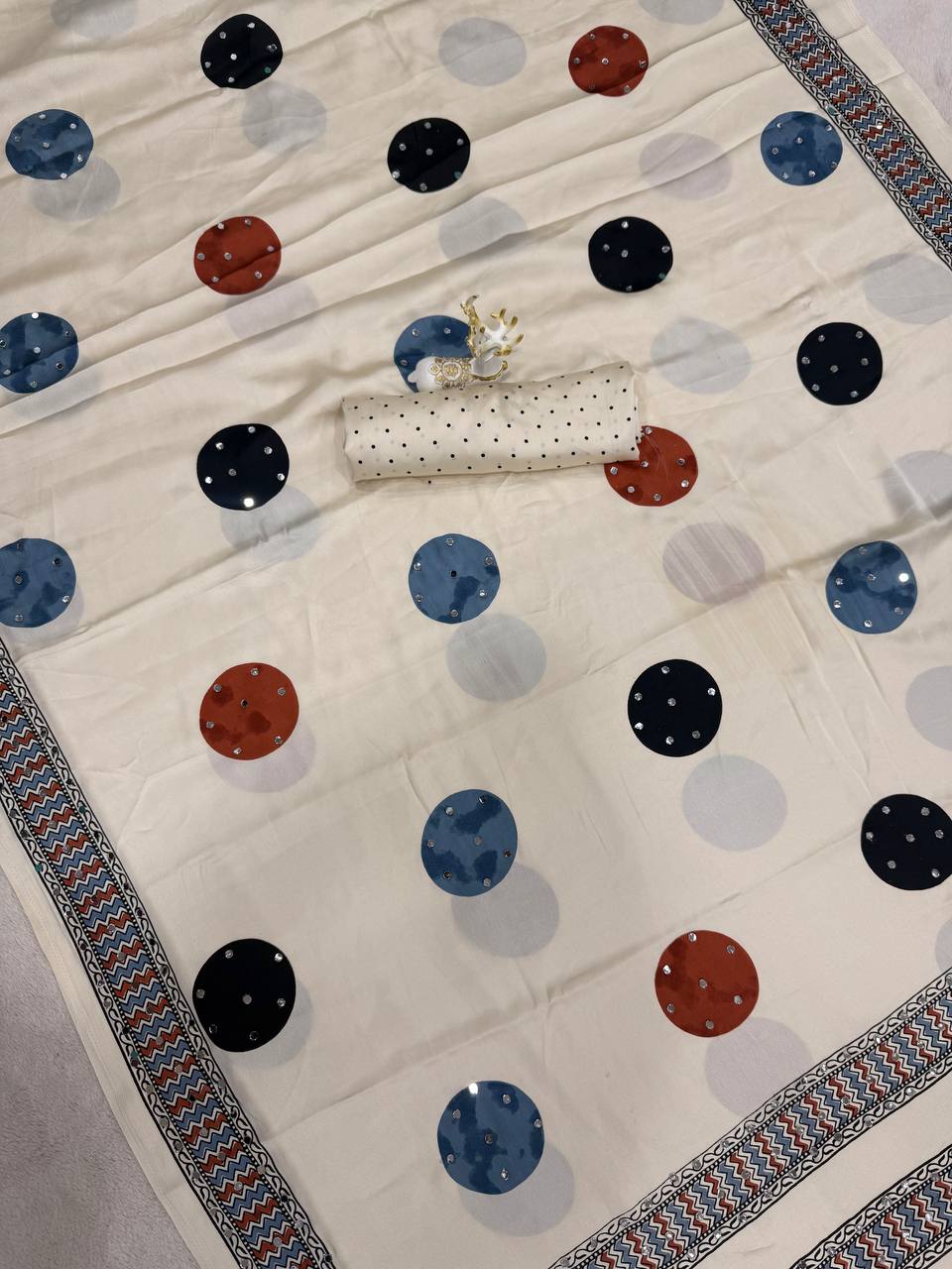 Premium Soft Gajji Silk Ajrakh Print Saree with Real Mirror Work &amp; Tassels