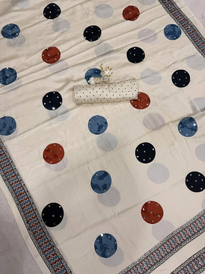 Premium Soft Gajji Silk Ajrakh Print Saree with Real Mirror Work &amp; Tassels