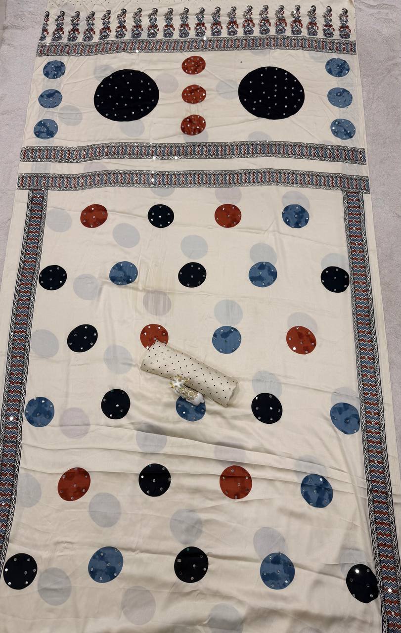 Premium Soft Gajji Silk Ajrakh Print Saree with Real Mirror Work &amp; Tassels