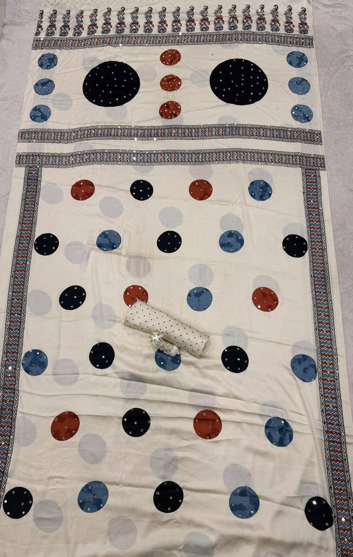 Premium Soft Gajji Silk Ajrakh Print Saree with Real Mirror Work &amp; Tassels