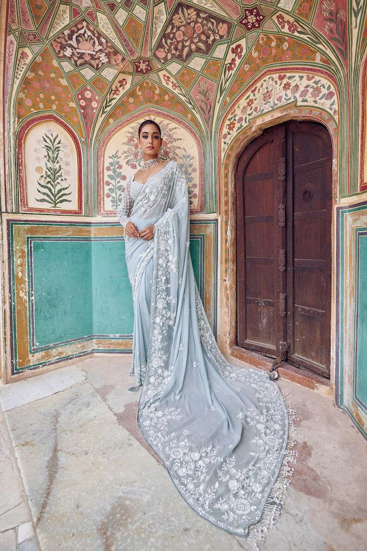 Elegant Sky Embroidered Designer Saree with Sequins Blouse