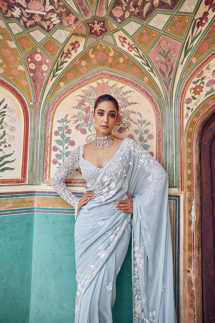Elegant Sky Embroidered Designer Saree with Sequins Blouse