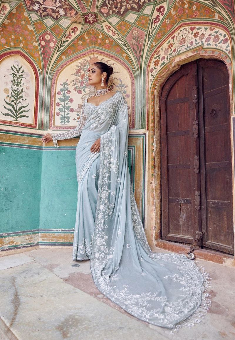 Elegant Sky Embroidered Designer Saree with Sequins Blouse