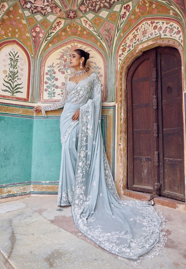 Elegant Sky Embroidered Designer Saree with Sequins Blouse