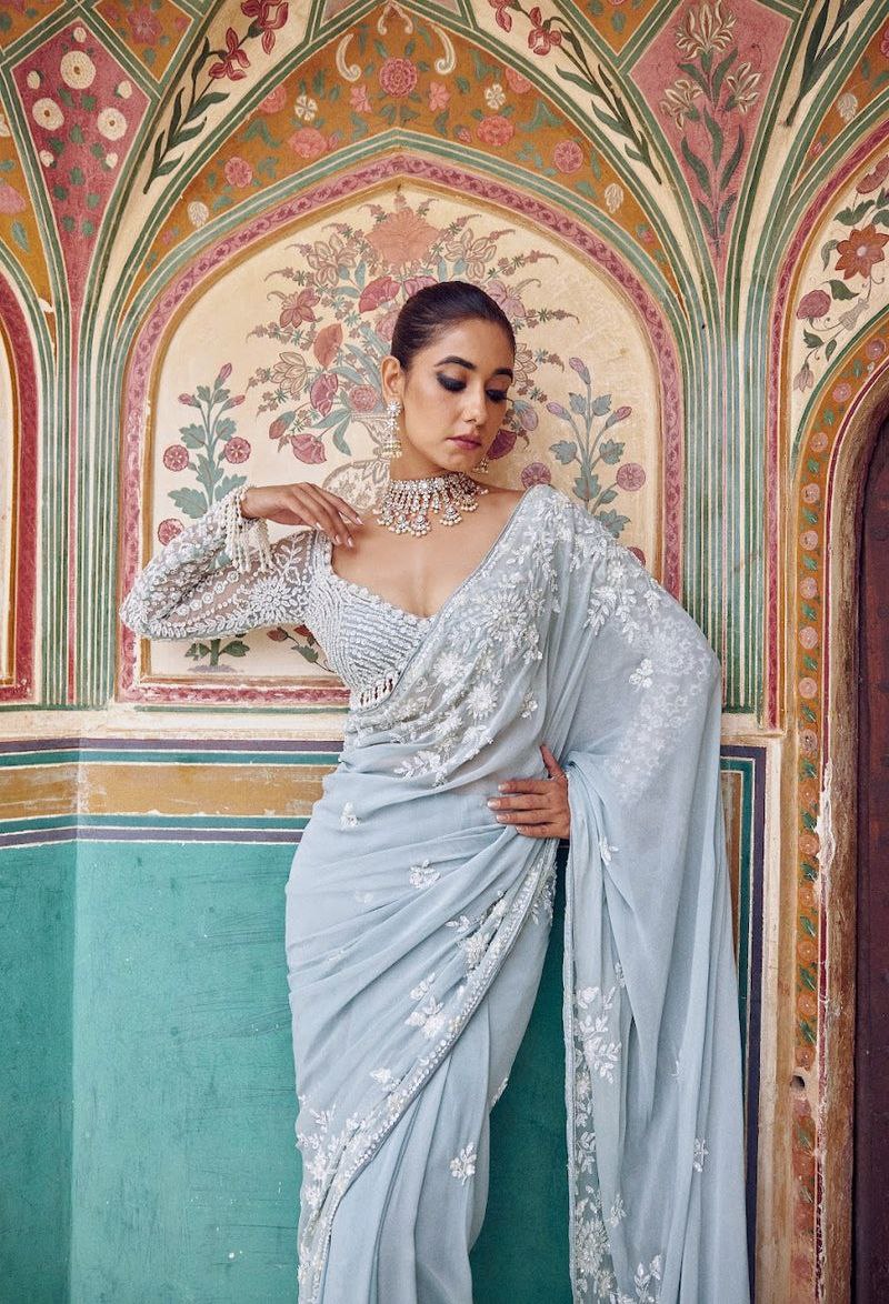 Elegant Sky Embroidered Designer Saree with Sequins Blouse