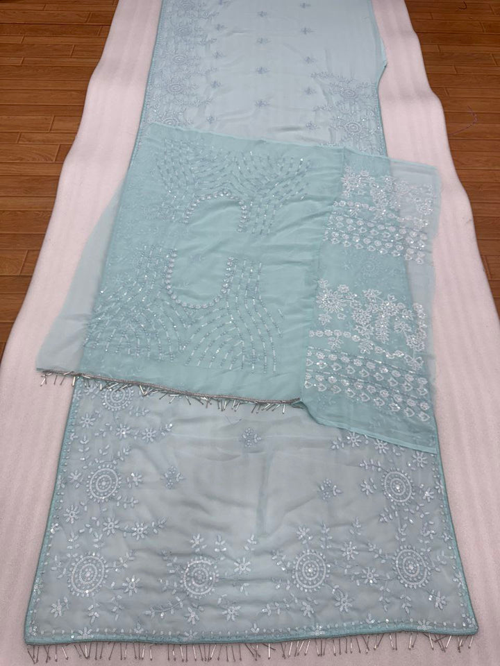 Elegant Sky Embroidered Designer Saree with Sequins Blouse