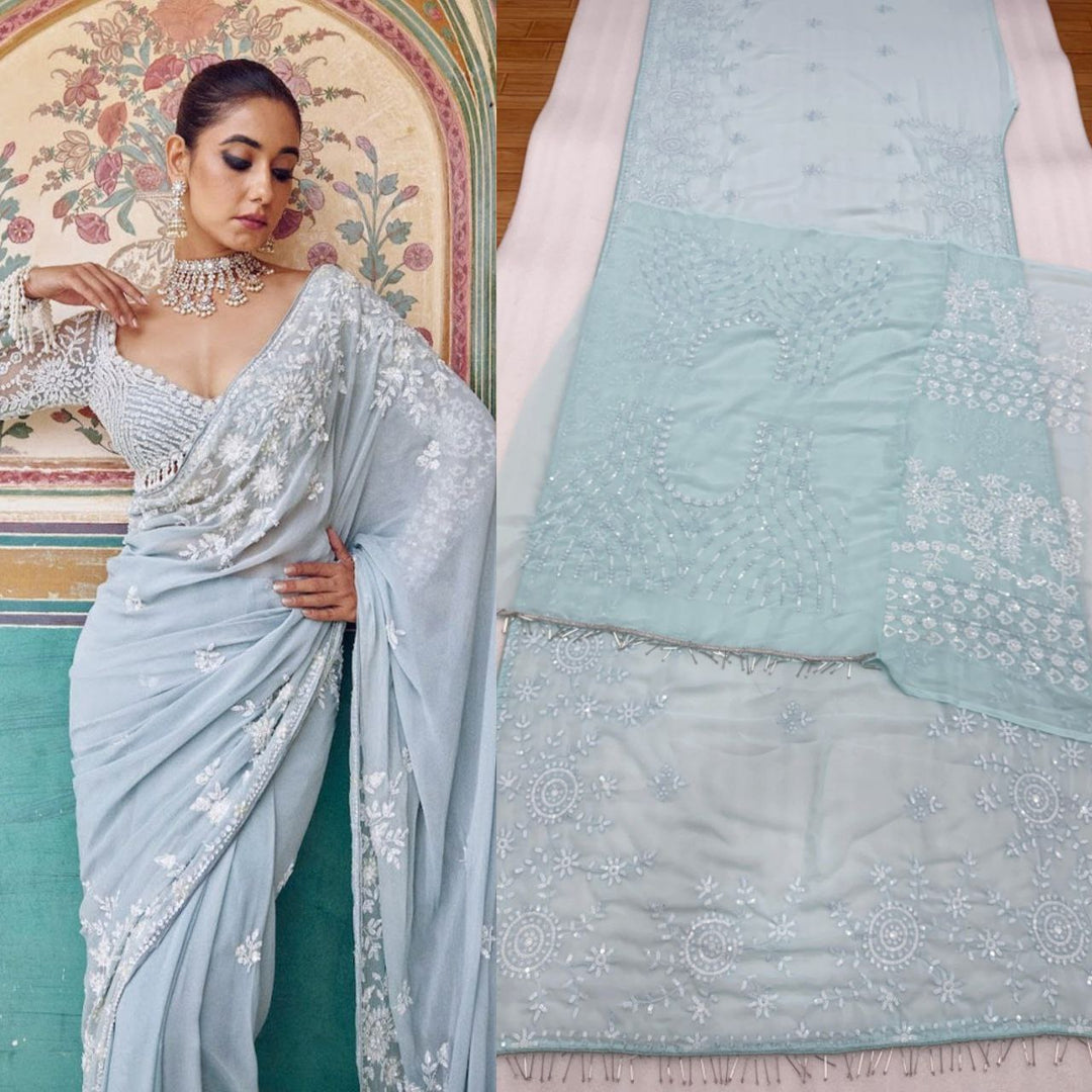 Elegant Sky Embroidered Designer Saree with Sequins Blouse