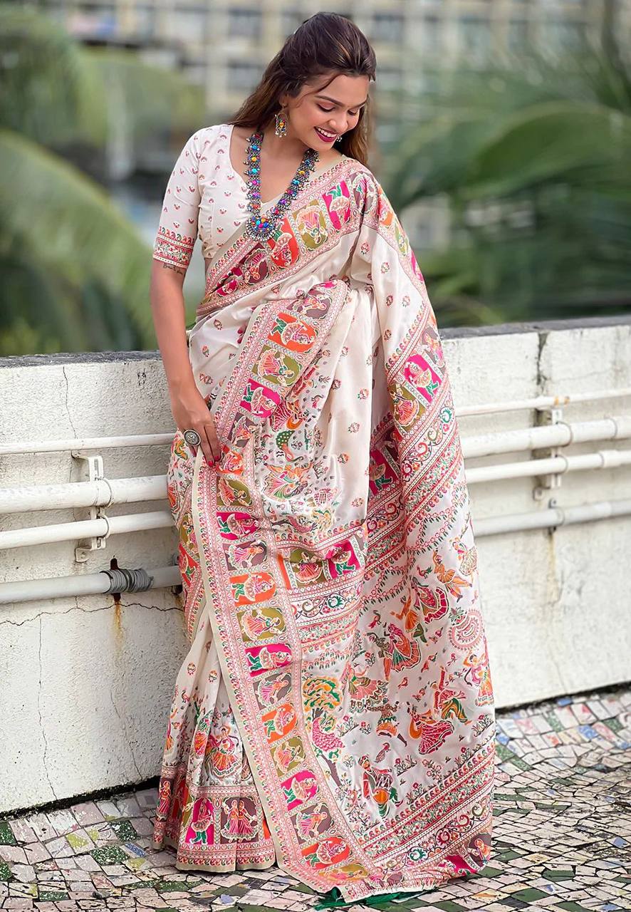 Pasmina Silk Saree With Blouse Piece - WHITE