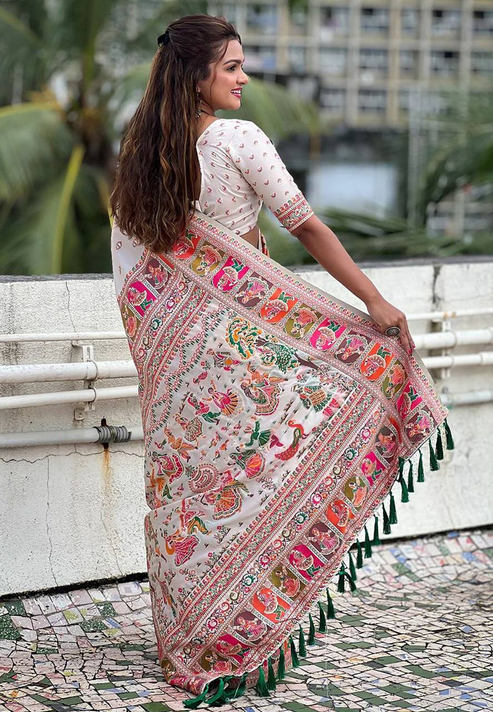Pasmina Silk Saree With Blouse Piece - WHITE