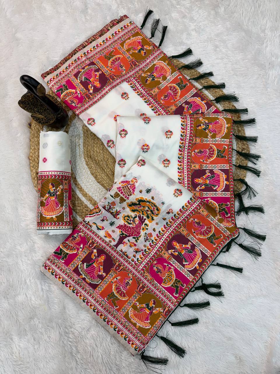Pasmina Silk Saree With Blouse Piece - WHITE