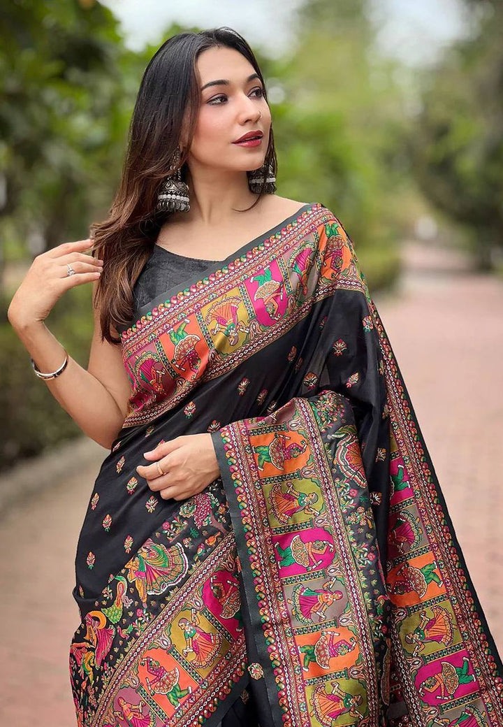 Pasmina Silk Saree With Blouse Piece - BLACK