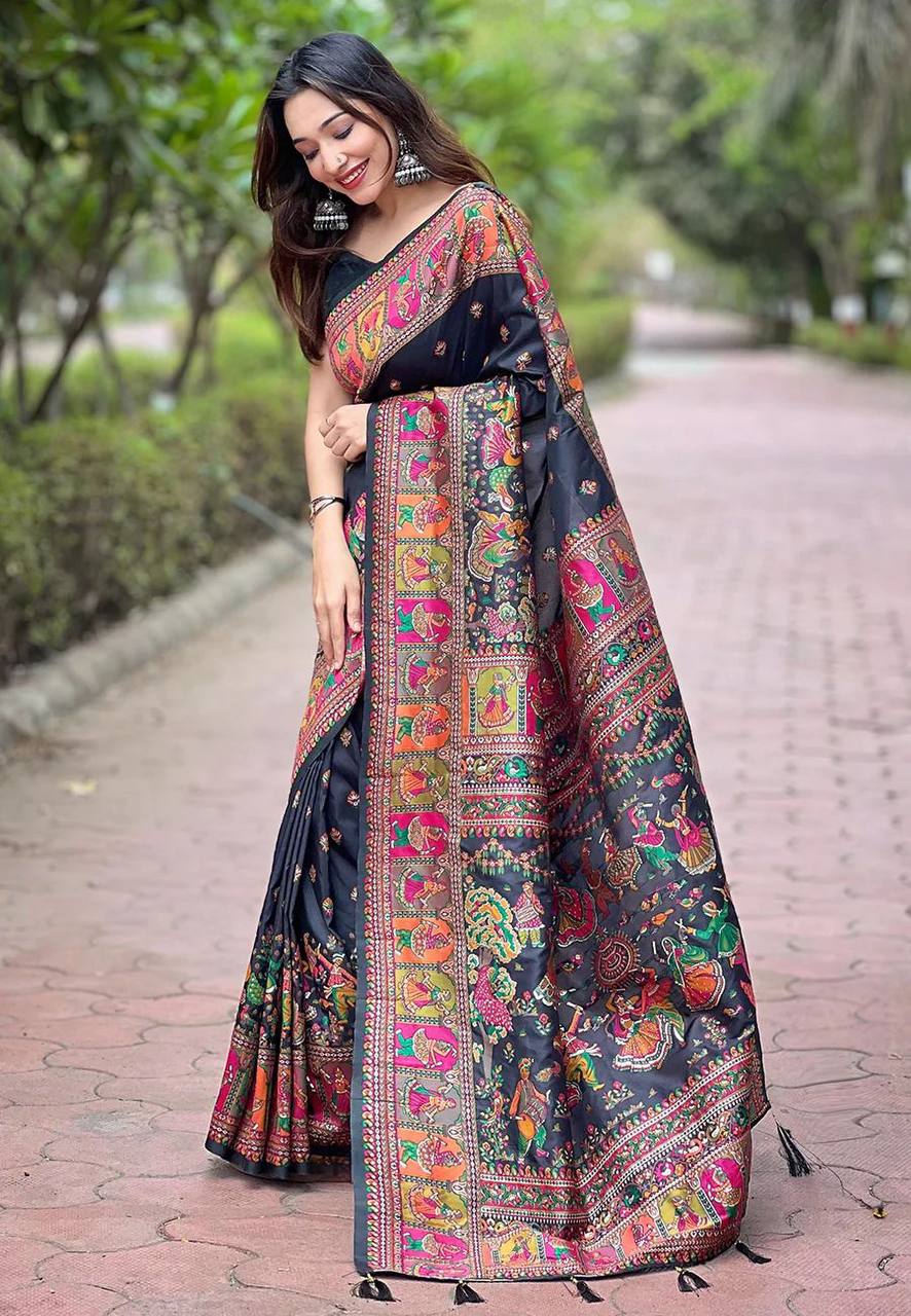 Pasmina Silk Saree With Blouse Piece - BLACK
