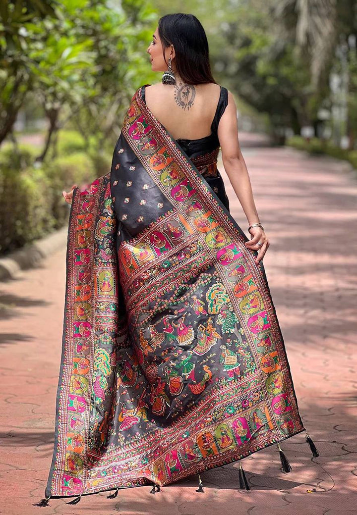 Pasmina Silk Saree With Blouse Piece - BLACK