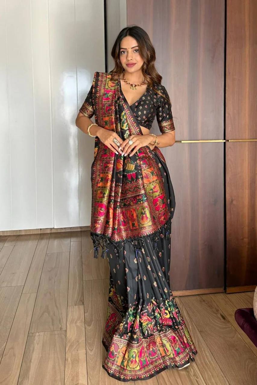 Pasmina Silk Saree With Blouse Piece - BLACK