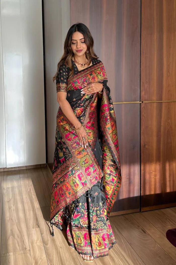 Pasmina Silk Saree With Blouse Piece - BLACK