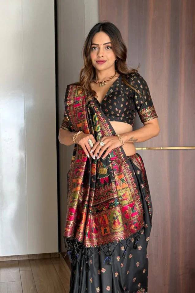 Pasmina Silk Saree With Blouse Piece - BLACK