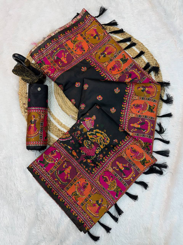 Pasmina Silk Saree With Blouse Piece - BLACK