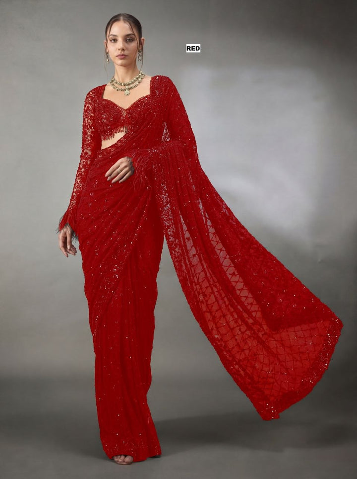 Luxury Faux Georgette Embroidered Party Wear Saree - RED