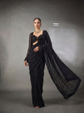 Luxury Faux Georgette Embroidered Party Wear Saree - BLACK