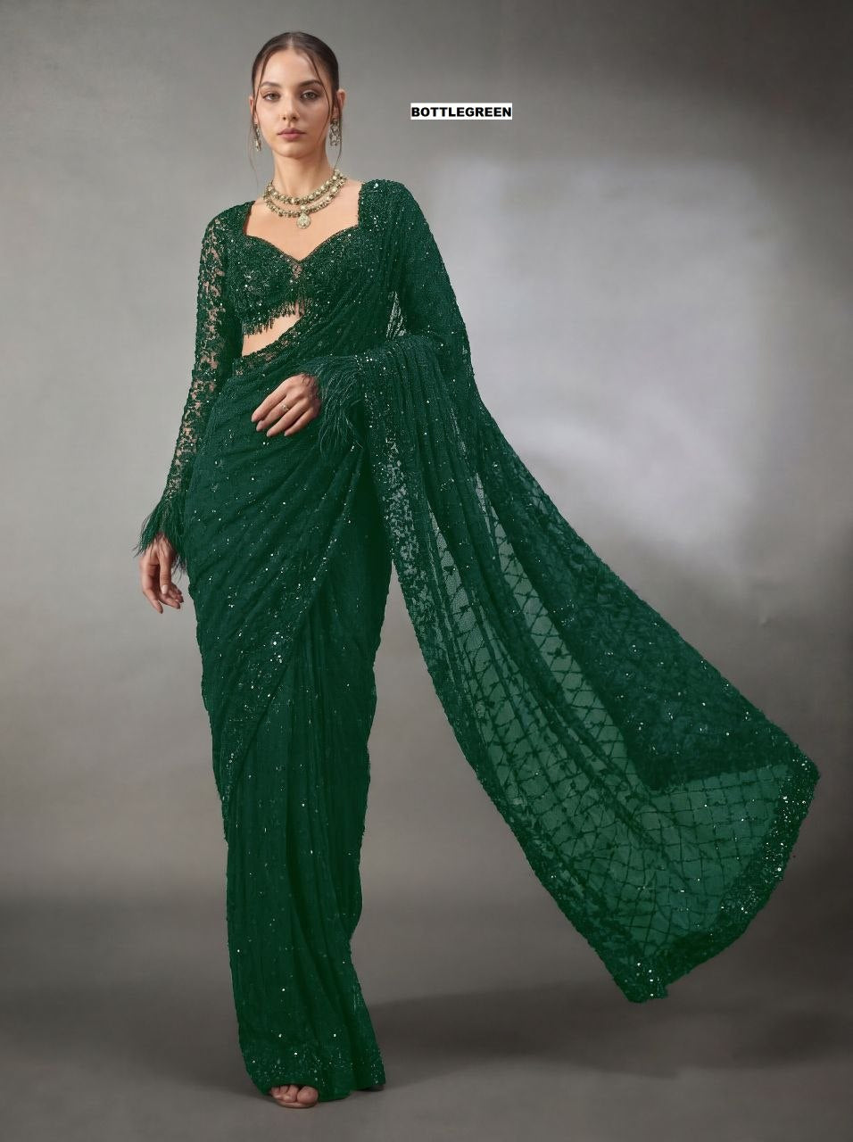 Luxury Faux Georgette Embroidered Party Wear Saree - GREEN