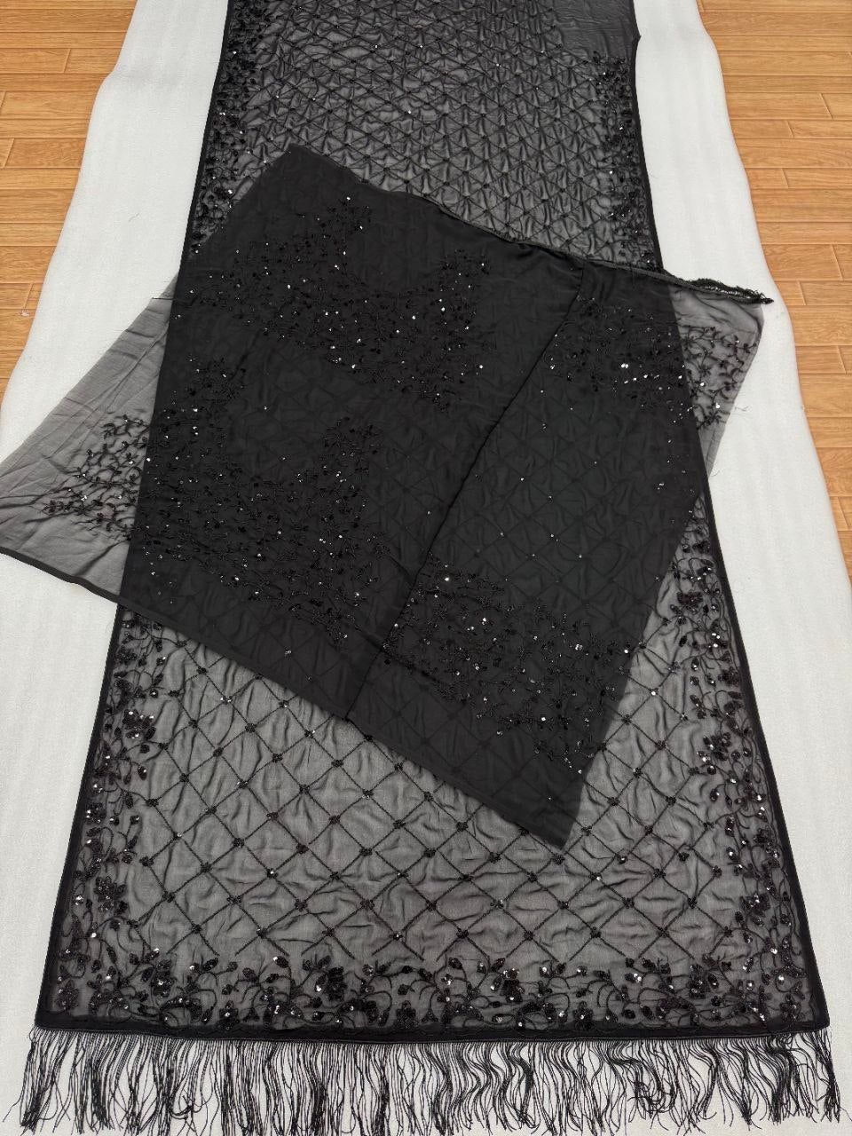 Luxury Faux Georgette Embroidered Party Wear Saree - BLACK