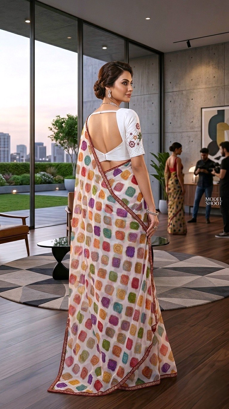 Premium Weightless Floral Bandhani Print Saree with Heavy Handwork Blouse