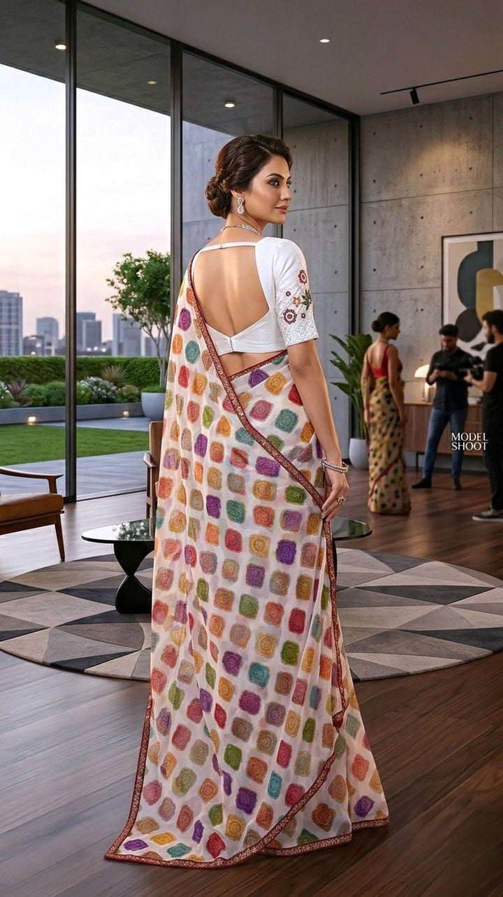 Premium Weightless Floral Bandhani Print Saree with Heavy Handwork Blouse