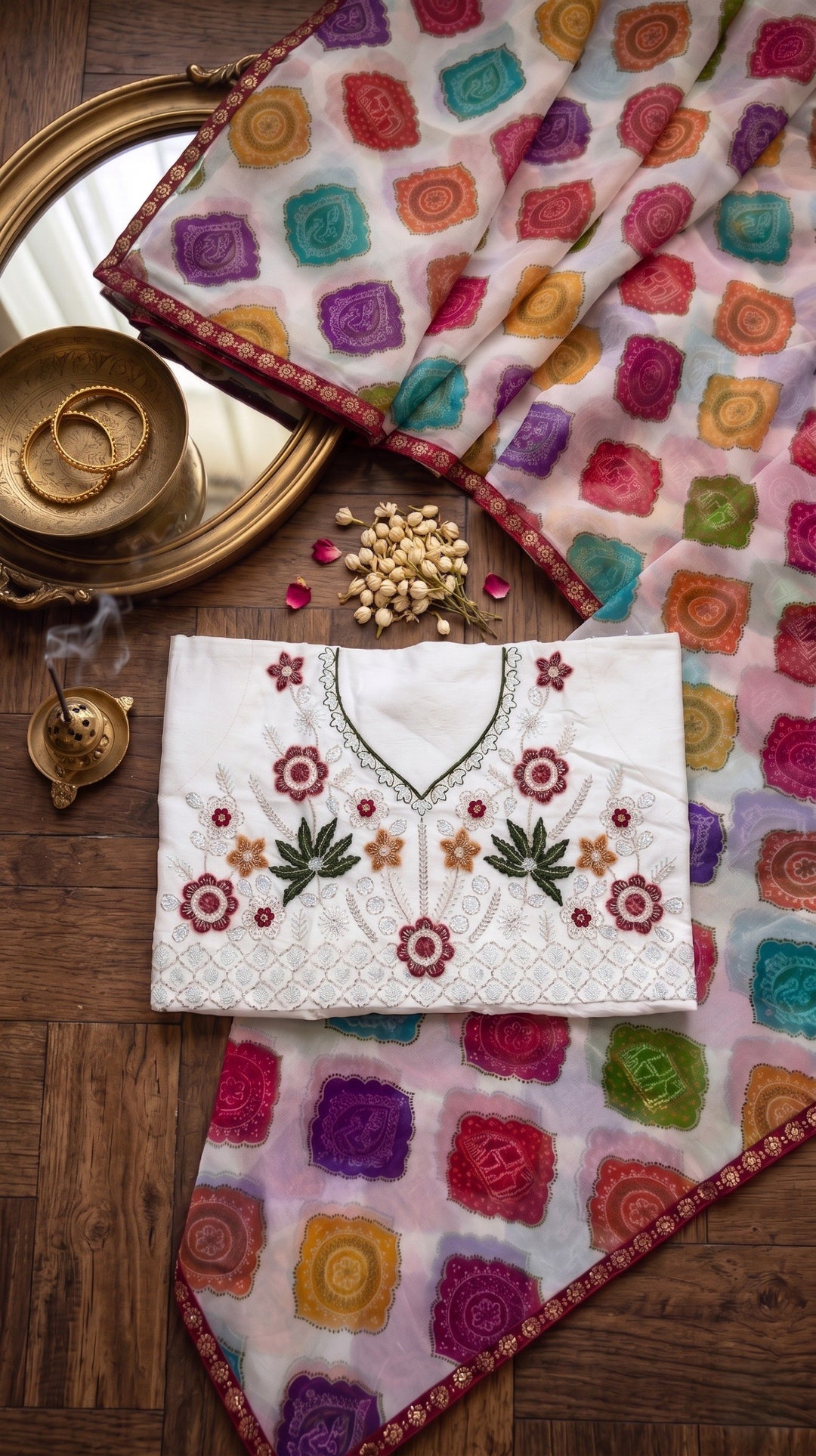 Premium Weightless Floral Bandhani Print Saree with Heavy Handwork Blouse
