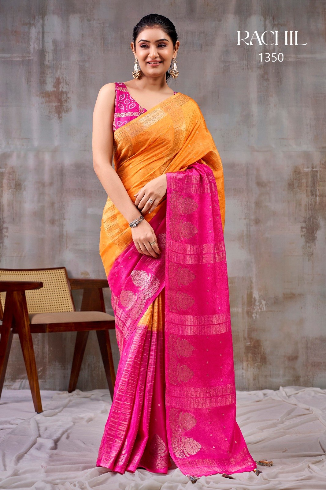 Premium Chinnon Silk Saree with Floral Weaving Jacquard &amp; Contrast Bandhani Blouse : PINK &amp; YELLOW