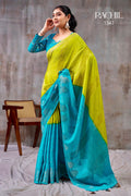 Premium Chinnon Silk Saree with Floral Weaving Jacquard & Contrast Bandhani Blouse : GREEN & SKY BLUE