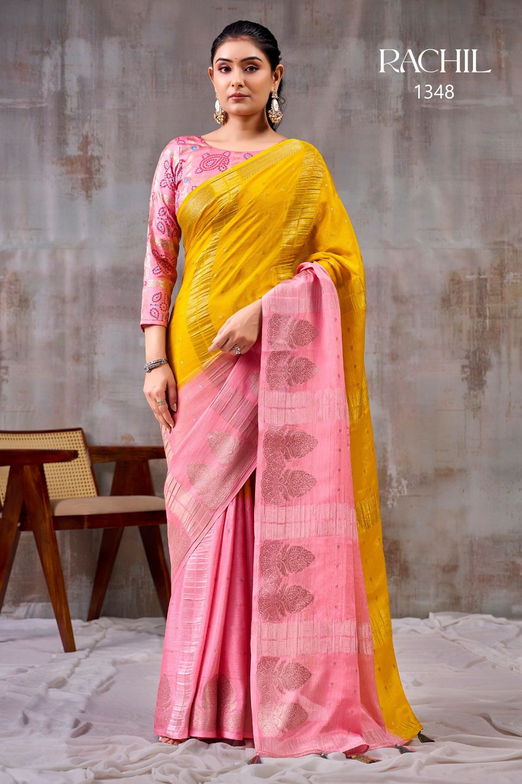 Premium Chinnon Silk Saree with Floral Weaving Jacquard &amp; Contrast Bandhani Blouse : YELLOW &amp; PEACH