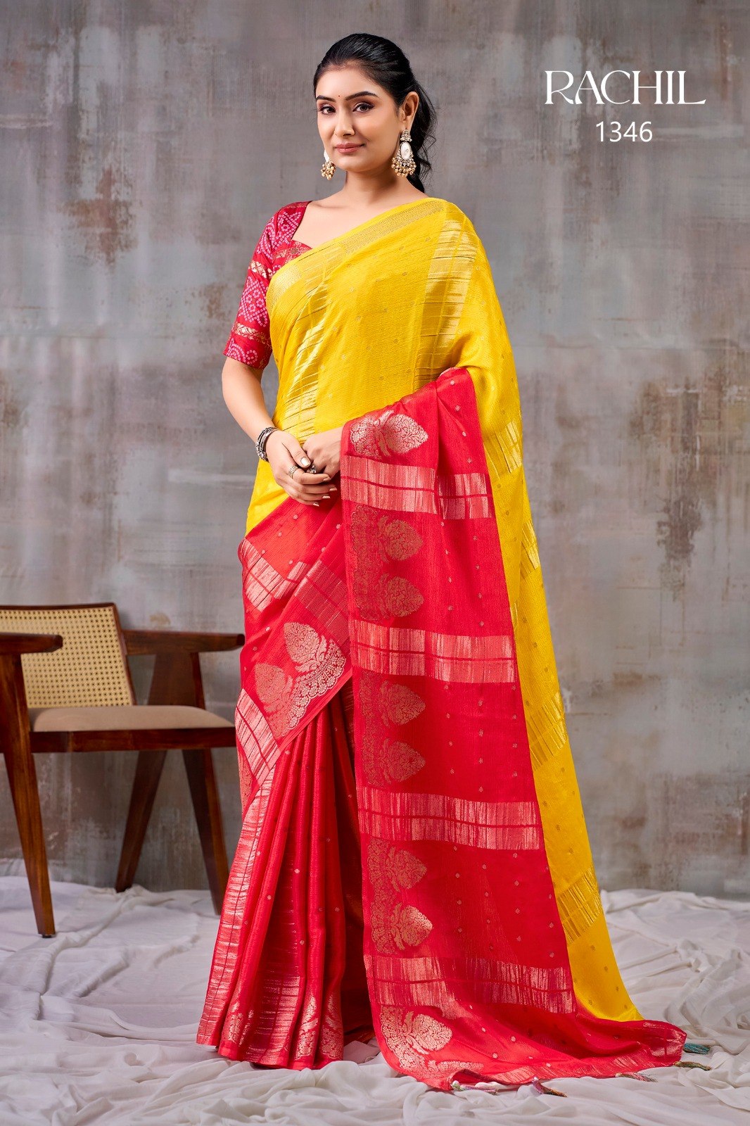 Premium Chinnon Silk Saree with Floral Weaving Jacquard &amp; Contrast Bandhani Blouse : YELLOW &amp; RED