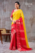 Premium Chinnon Silk Saree with Floral Weaving Jacquard & Contrast Bandhani Blouse : YELLOW & RED
