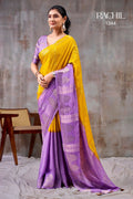 Premium Chinnon Silk Saree with Floral Weaving Jacquard & Contrast Bandhani Blouse : YELLOW & PURPLE