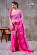 Premium Chinnon Silk Saree with Floral Weaving Jacquard & Contrast Bandhani Blouse : PINK & PURPLE