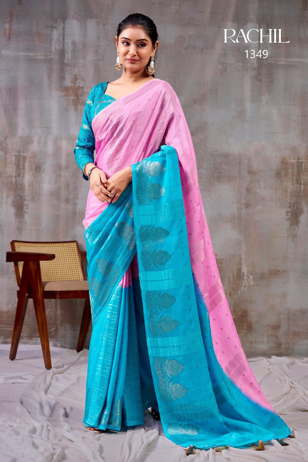 Premium Chinnon Silk Saree with Floral Weaving Jacquard &amp; Contrast Bandhani Blouse : PINK &amp; SKY BLUE