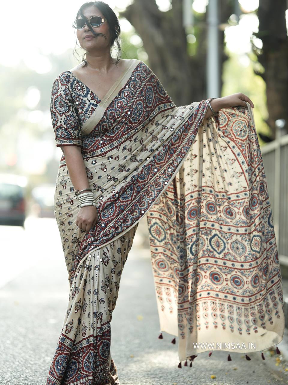 Royal Ajarakh Mirror Heavy Japan Satin Saree-WHITE
