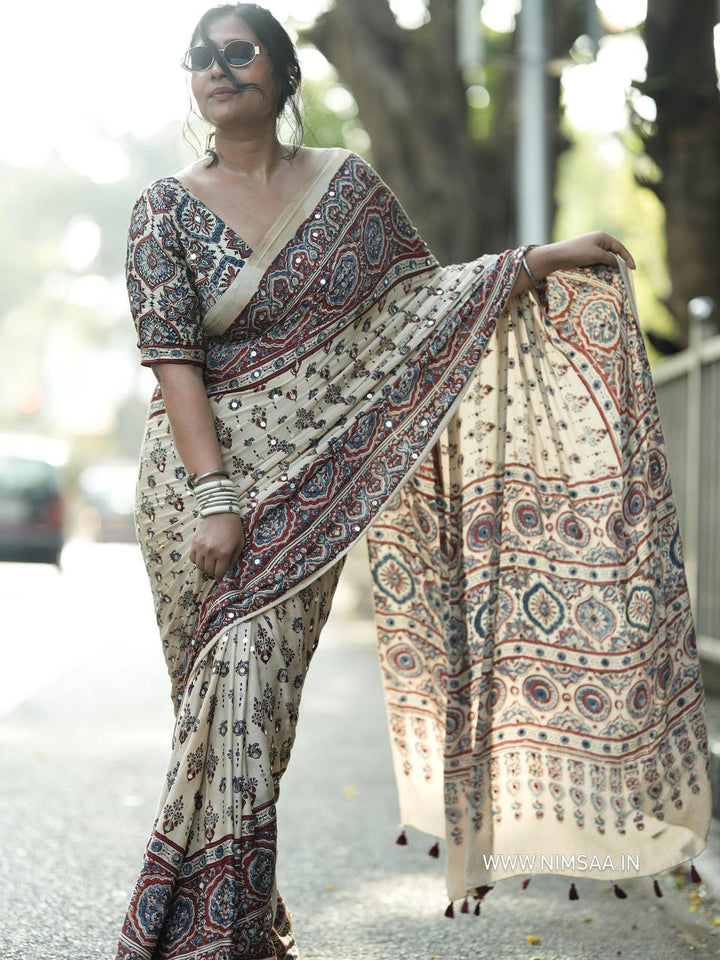 Royal Ajarakh Mirror Heavy Japan Satin Saree-WHITE